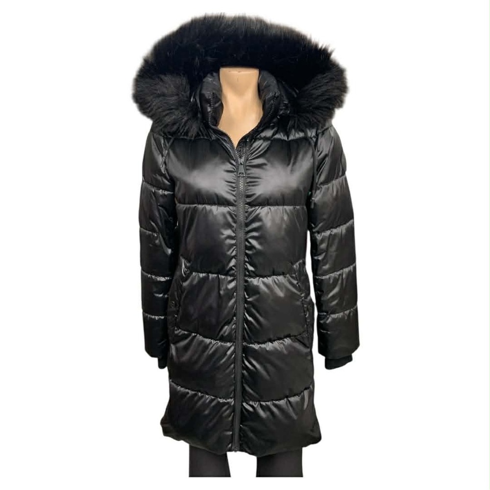 DKNY Black Puffer Jacket with Faux Fur Trim Size XS